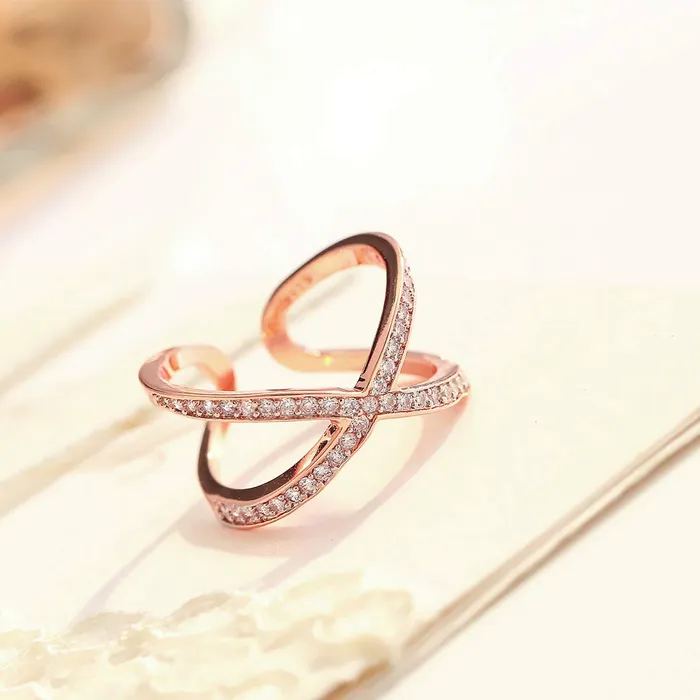 Yellow Chimes Necklaces Yellow Chimes Exclusive Italian Design Luxurious Criss Cross Studded Cubic Zirconia Rose Gold Plated Stylish Rings for Women and GirlsAdjustable