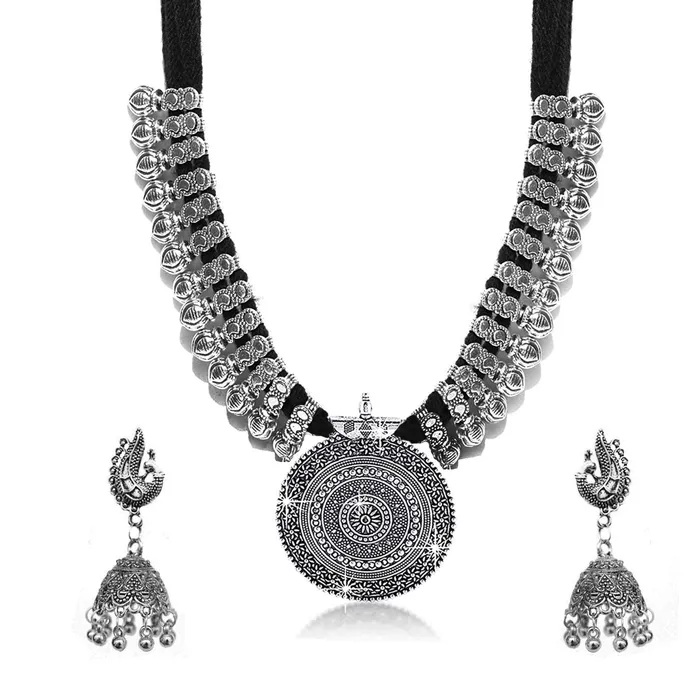 Yellow Chimes Necklaces Yellow Chimes German Oxidised Silver Antique Design Threader Traditional Necklace set with Peacock Jhumka Earring Jewellery Set for Women and Girls Yellow Chimes Necklaces Yellow Chimes German Oxidised Silver Antique Design Threader Traditional Necklace set with Peacock Jhumka Earring Jewellery Set for Women and Girls