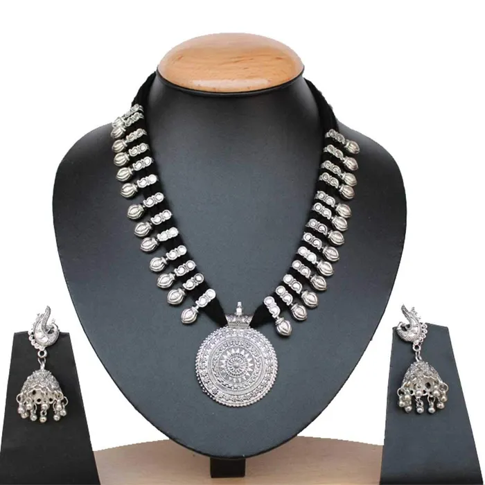Yellow Chimes Necklaces Yellow Chimes German Oxidised Silver Antique Design Threader Traditional Necklace set with Peacock Jhumka Earring Jewellery Set for Women and Girls