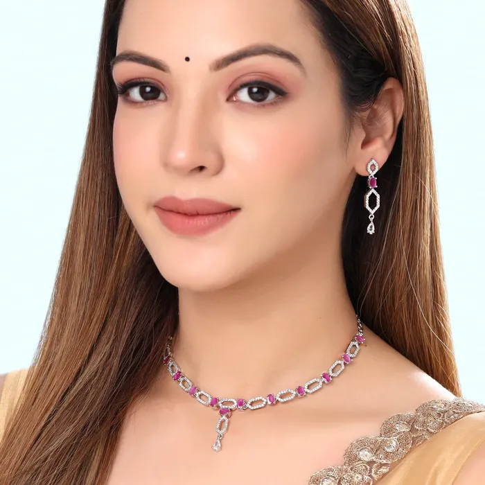 Yellow Chimes Necklaces Yellow Chimes Jewellery Set for Women and Girls American Diamond Jewellery Set Silver Tone Pink AD Necklace Set Birthday Gift for girls and women Anniversary Gift for Wife