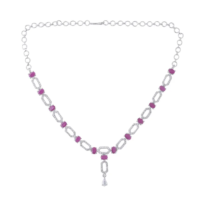 Yellow Chimes Necklaces Yellow Chimes Jewellery Set for Women and Girls American Diamond Jewellery Set Silver Tone Pink AD Necklace Set Birthday Gift for girls and women Anniversary Gift for Wife