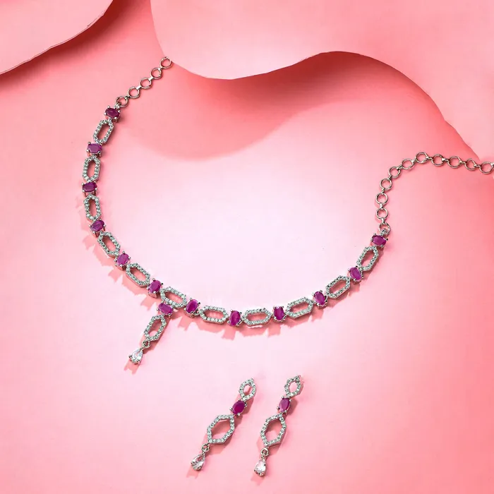 Yellow Chimes Necklaces Yellow Chimes Jewellery Set for Women and Girls American Diamond Jewellery Set Silver Tone Pink AD Necklace Set Birthday Gift for girls and women Anniversary Gift for Wife
