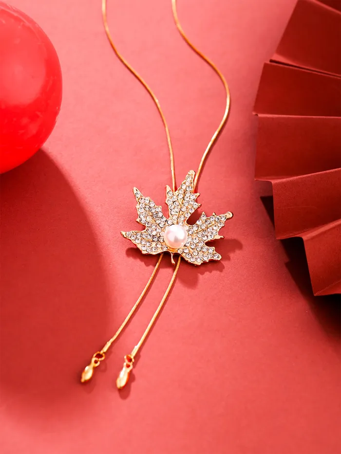 Yellow Chimes Necklaces Yellow Chimes Long Chain Necklace for Women Maple Leaf Pendant for Girls Rosegold Plated Crystal Long Chain Pendant Necklace for Women and Girls