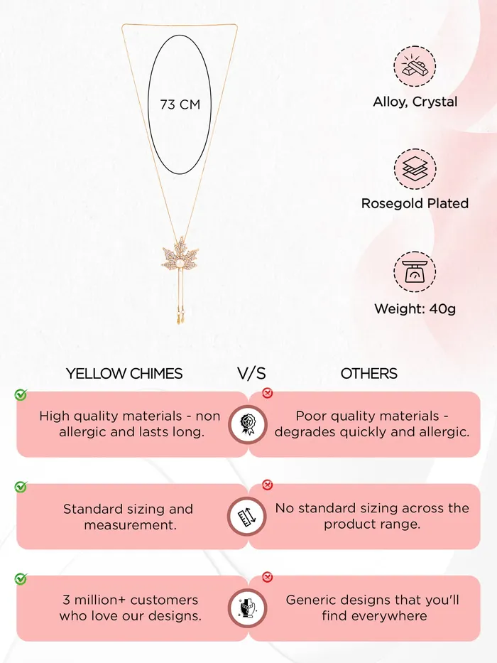 Yellow Chimes Necklaces Yellow Chimes Long Chain Necklace for Women Maple Leaf Pendant for Girls Rosegold Plated Crystal Long Chain Pendant Necklace for Women and Girls