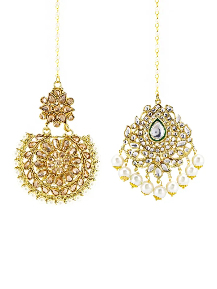 Yellow Chimes Necklaces Yellow Chimes Maang Tikka for Women 2 Pcs Mangtika Traditional Gold Plated Kundan Mangtika Beads Ethnic Maang Tikka for Women and Girls