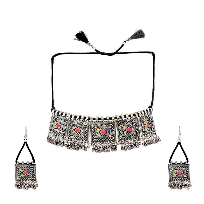 Yellow Chimes Necklaces Yellow Chimes Oxidised Jewellery Set for Women Silver Oxidised Jewellery Set Afghani Style Ghungroo Threads Choker Necklace Set for Women and Girls Yellow Chimes Necklaces Yellow Chimes Oxidised Jewellery Set for Women Silver Oxidised Jewellery Set Afghani Style Ghungroo Threads Choker Necklace Set for Women and Girls