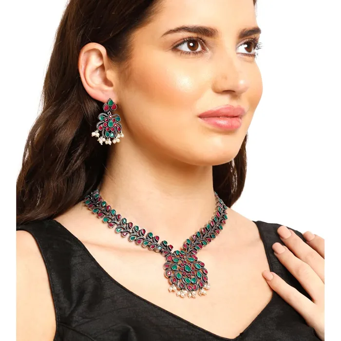 Yellow Chimes Necklaces Yellow Chimes Oxidised Jewellery Set for Women Silver Oxidised Jewellery Set Black Stone Studded Necklace Set for Women and Girls