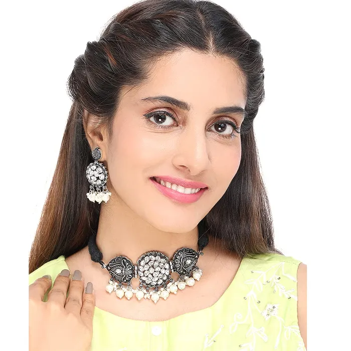 Yellow Chimes Necklaces Yellow Chimes Oxidised Jewellery Set for Women Silver Oxidised Jewellery Set Peacock Design Traditional Choker Necklace Set for Women and Girls