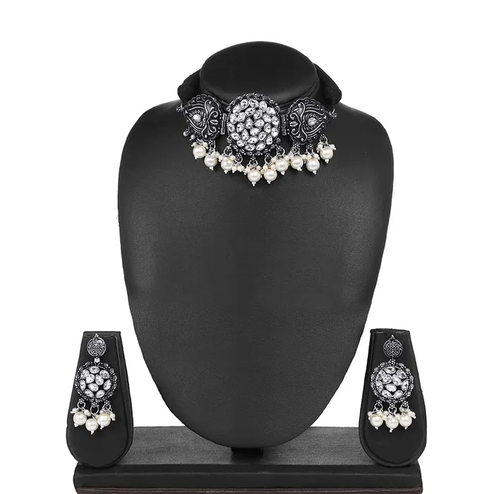 Yellow Chimes Necklaces Yellow Chimes Oxidised Jewellery Set for Women Silver Oxidised Jewellery Set Peacock Design Traditional Choker Necklace Set for Women and Girls