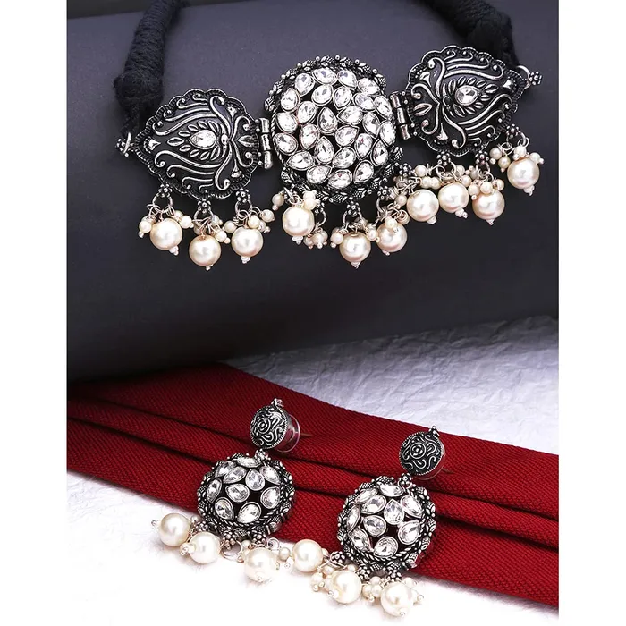 Yellow Chimes Necklaces Yellow Chimes Oxidised Jewellery Set for Women Silver Oxidised Jewellery Set Peacock Design Traditional Choker Necklace Set for Women and Girls