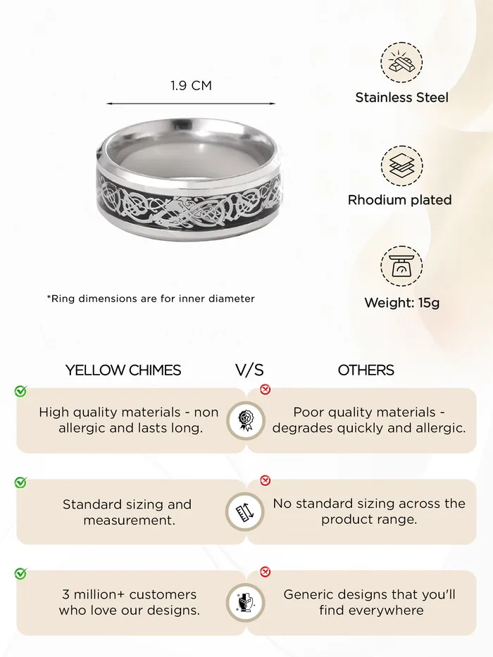 Yellow Chimes Necklaces Yellow Chimes Silver Rings For Men Pack of 1 Stainless Steel Men Ring Dragon Celtic Design Silver Finger Ring for Boys Ideal Gift For Men and Boys