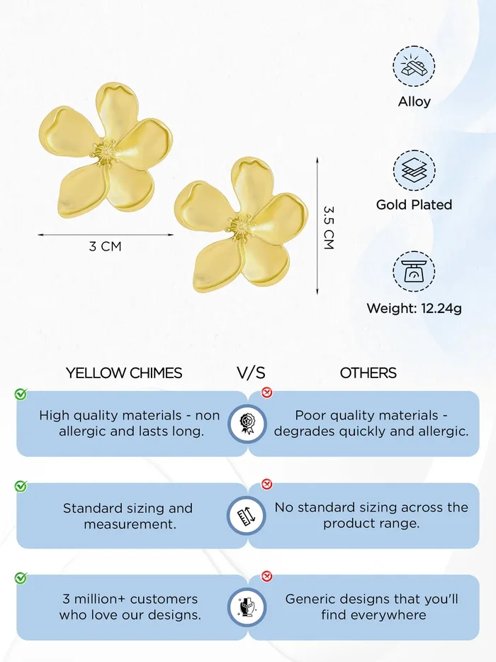 Yellow Chimes Necklaces Yellow Chimes Stud Earrings for Women Fashion Golden Studs Earrings for Girls Western Style Floral Shaped Women Earrings Birthday Anniversary Gift for Girls Wife
