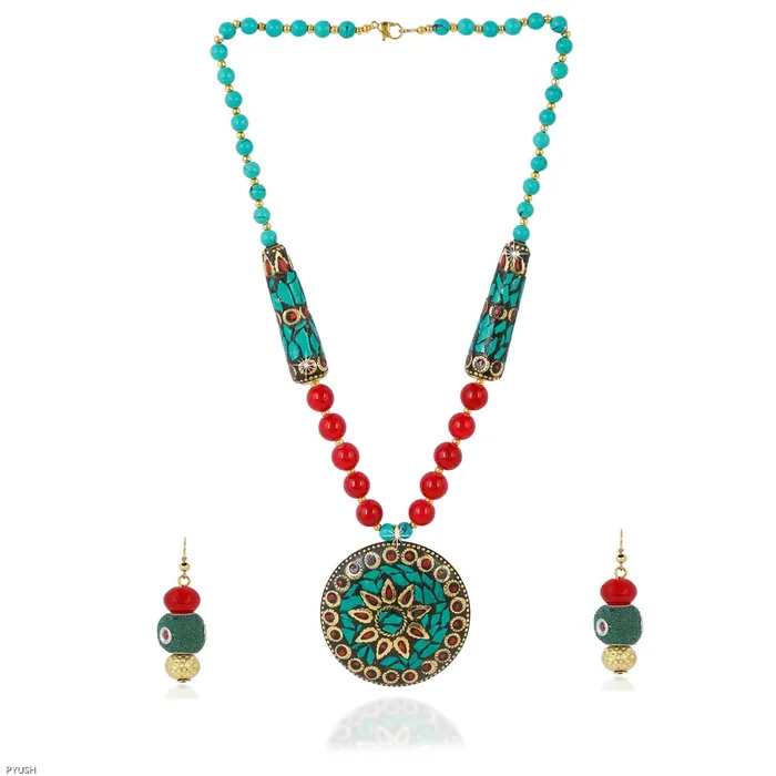 Yellow Chimes Necklaces Yellow Chimes Tibetan Pendant Necklace with Earrings Tribal Beads Necklace Jewellery Set for Women and Girls