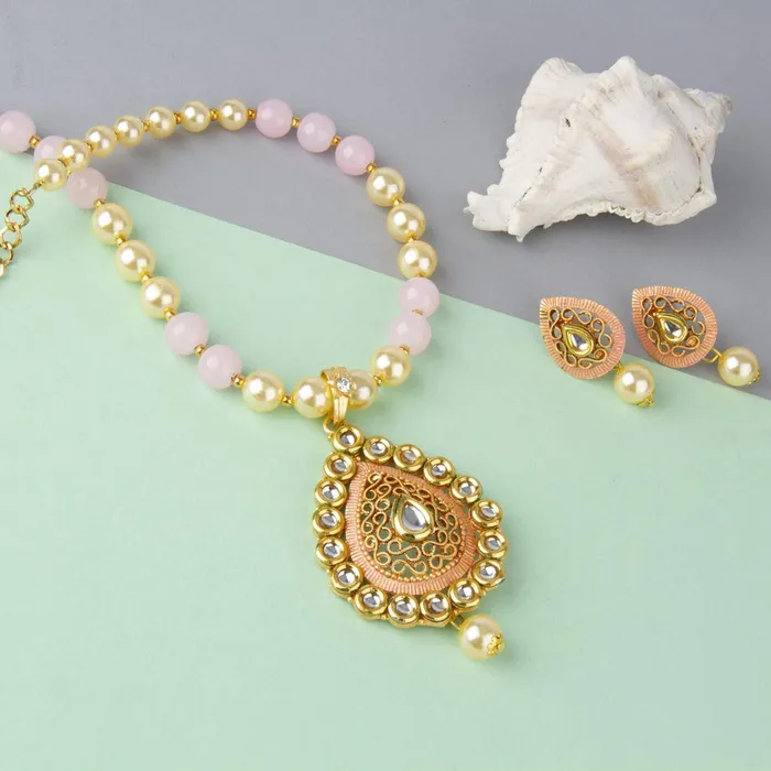 Yellow Chimes Necklaces Yellow Chimes Traditional Pearl Kundan Gold Plated Necklace Woth Drop Earrings for Women