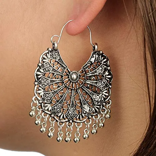 Yellow Chimes Oxidised Silver Traditional Chandbali Hoop Earrings For Women Girls Yellow Chimes Bracelets