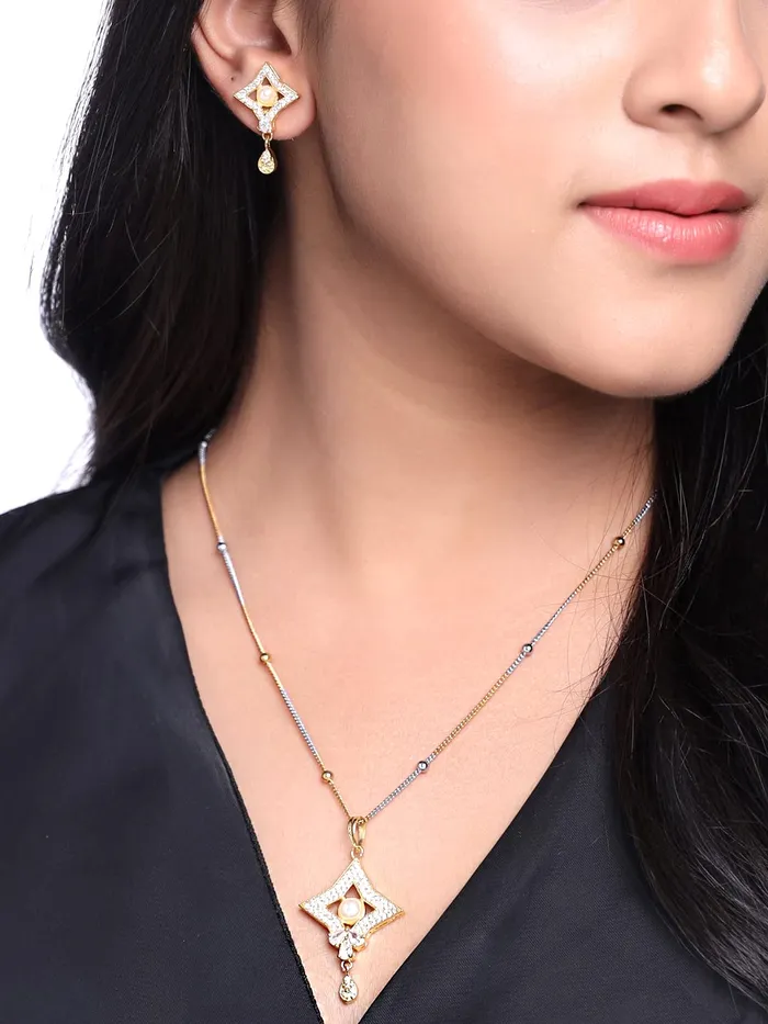 Yellow Chimes Pendant Set for Women Gold and Silver Toned Crystal Studded Geometric Designed Pendant Set with Earrings for Women and Girls Yellow Chimes Earrings