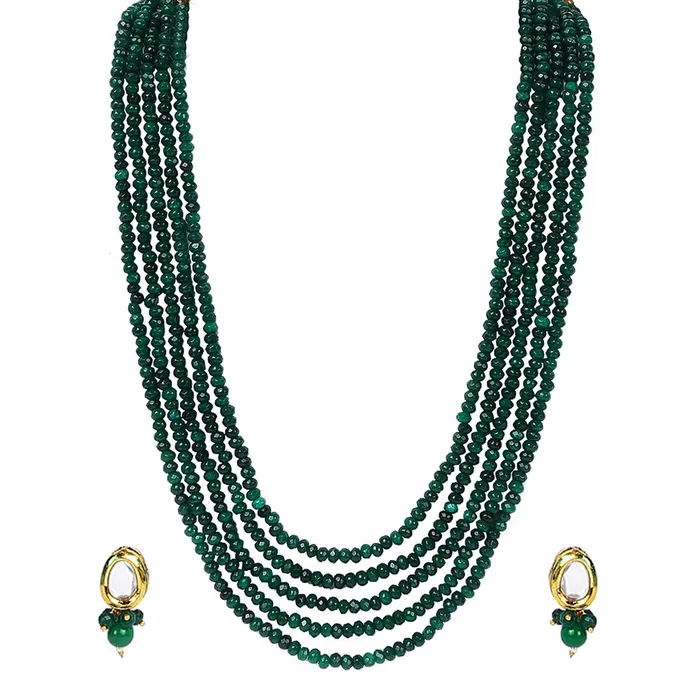 Yellow Chimes PreStyled Sets Yellow Chimes Classic Design Five Layers Emerald Green Onyx Stone Beads Semi Precious Gemstone Necklace set With Earrings For Women Girls
