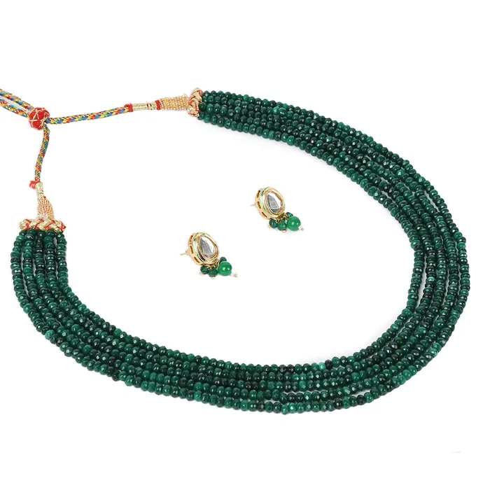 Yellow Chimes PreStyled Sets Yellow Chimes Classic Design Five Layers Emerald Green Onyx Stone Beads Semi Precious Gemstone Necklace set With Earrings For Women Girls