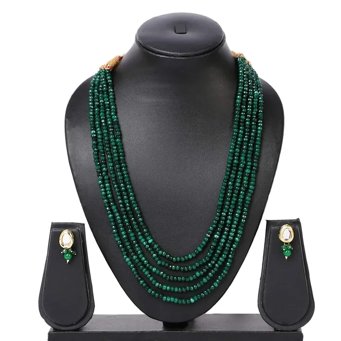 Yellow Chimes PreStyled Sets Yellow Chimes Classic Design Five Layers Emerald Green Onyx Stone Beads Semi Precious Gemstone Necklace set With Earrings For Women Girls