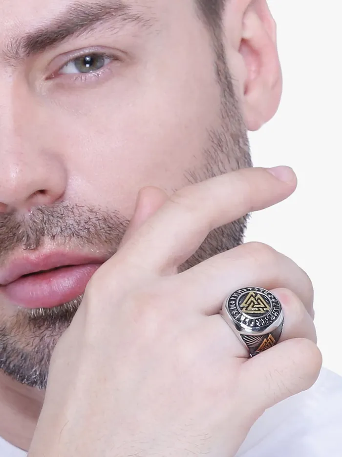 Yellow Chimes Rings for Men Stainless Steel Valknut Ring with Rune Circle Odin Symbol Band Finger Ring for Men and Boys Yellow Chimes Rings