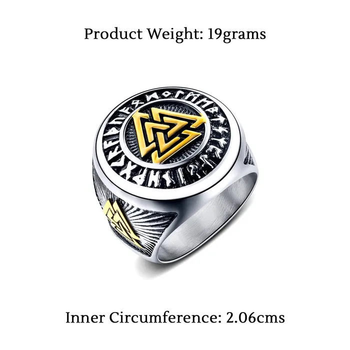 Yellow Chimes Rings for Men Stainless Steel Valknut Ring with Rune Circle Odin Symbol Band Finger Ring for Men and Boys Yellow Chimes Rings