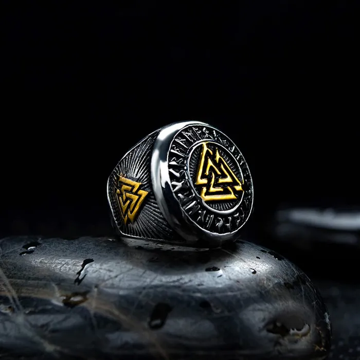 Yellow Chimes Rings for Men Stainless Steel Valknut Ring with Rune Circle Odin Symbol Band Finger Ring for Men and Boys Yellow Chimes Rings