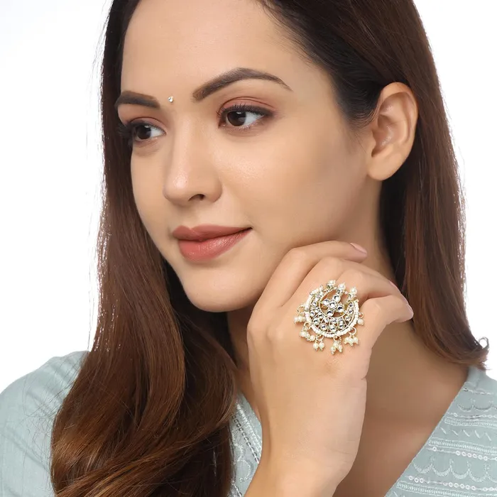 Yellow Chimes Rings for Women 2 Pcs Set of Adjustable Kundan Studded Rings for Women and Girls Yellow Chimes Earrings