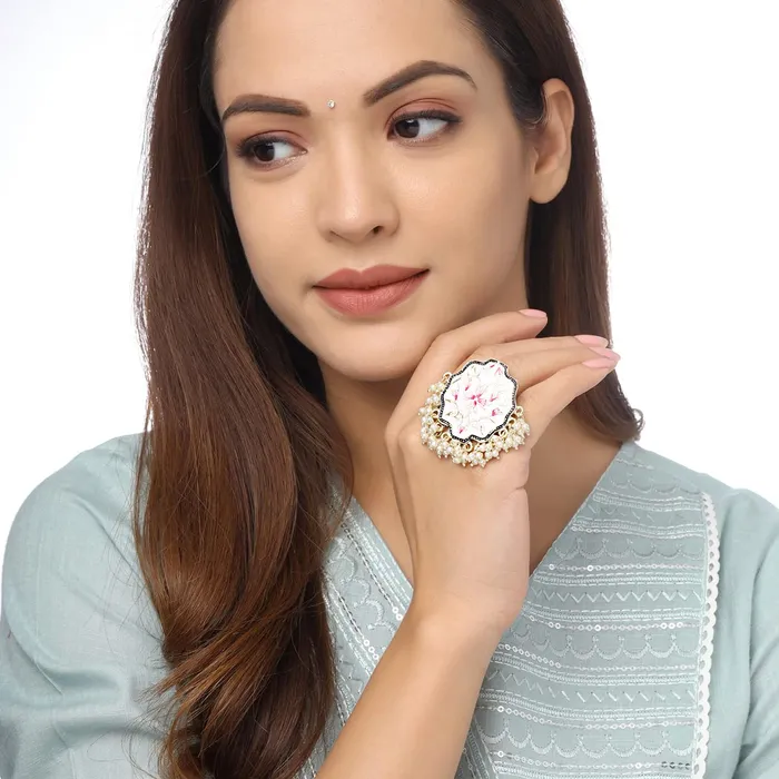 Yellow Chimes Rings for Women 2 Pcs Set of Adjustable Kundan Studded Rings for Women and Girls Yellow Chimes Earrings