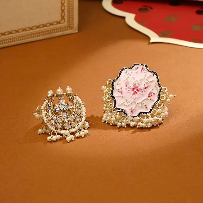 Yellow Chimes Rings for Women 2 Pcs Set of Adjustable Kundan Studded Rings for Women and Girls Yellow Chimes Earrings