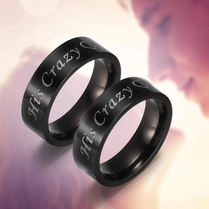 Yellow Chimes Rings for Women His Crazy Heart Engraved Stainless Steel Black Band Designed Rings for Women Girls Size US 8 Yellow Chimes Rings