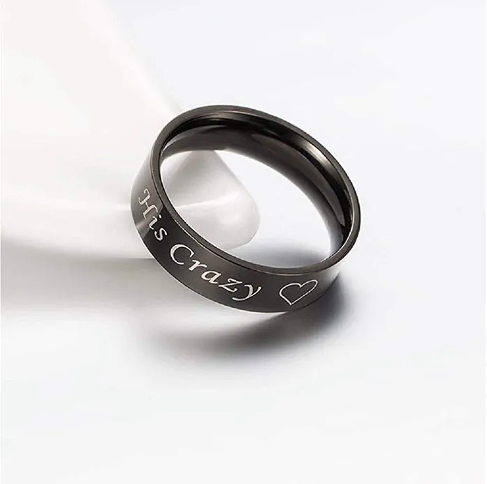 Yellow Chimes Rings for Women His Crazy Heart Engraved Stainless Steel Black Band Designed Rings for Women Girls Size US 8 Yellow Chimes Rings
