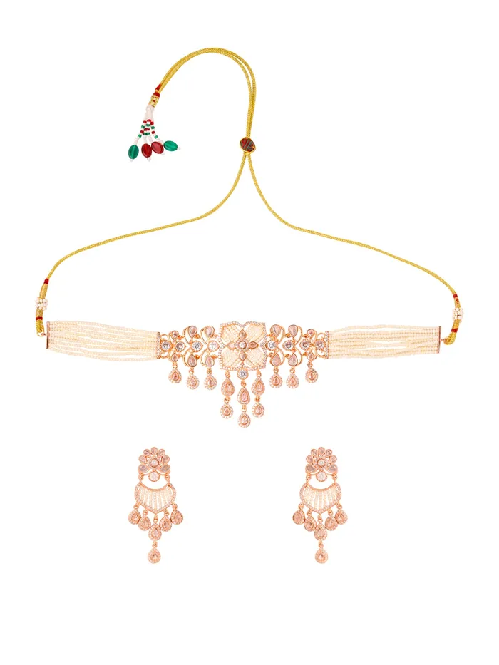 Yellow Chimes Rings Stunning White Stone Necklace Set Choker with Earrings One Size Rose Gold Plated Elegant Design Yellow Chimes Rings Stunning White Stone Necklace Set Choker with Earrings One Size Rose Gold Plated Elegant Design
