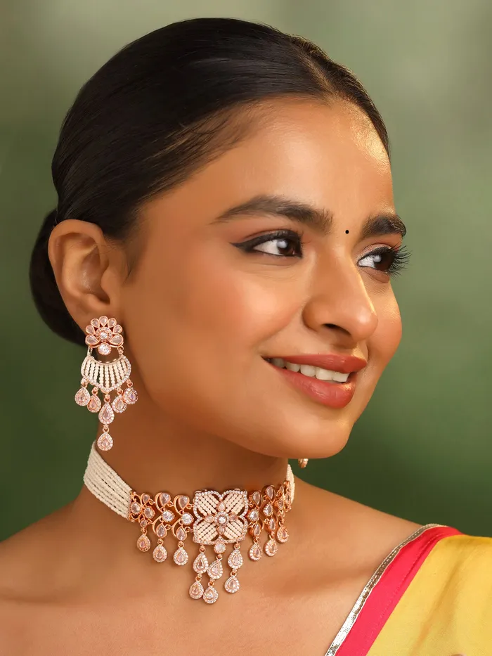 Yellow Chimes Rings Stunning White Stone Necklace Set Choker with Earrings One Size Rose Gold Plated Elegant Design