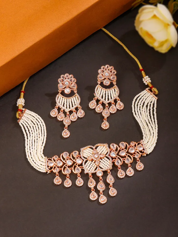 Yellow Chimes Rings Stunning White Stone Necklace Set Choker with Earrings One Size Rose Gold Plated Elegant Design