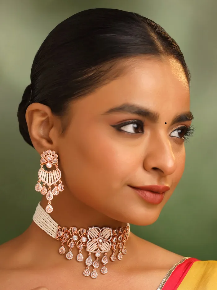 Yellow Chimes Rings Stunning White Stone Necklace Set Choker with Earrings One Size Rose Gold Plated Elegant Design