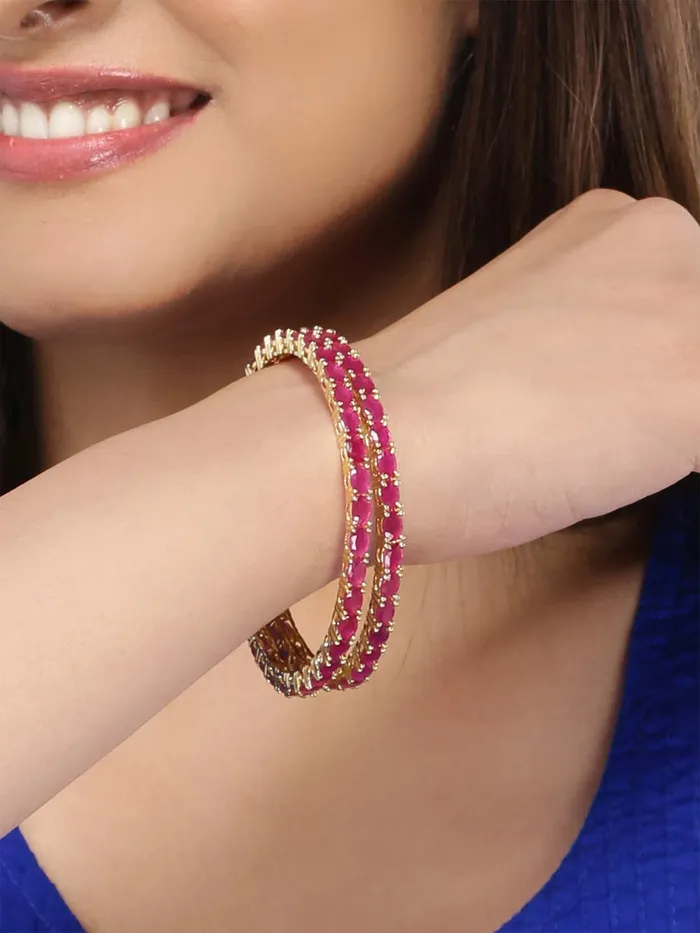 Yellow Chimes Rings Yellow Chimes Classic Pink ADAmerican Diamond Studded 18k Gold Plated Designer Oval 2 PCs Handcrafted Bangles Set for Women Girls 24