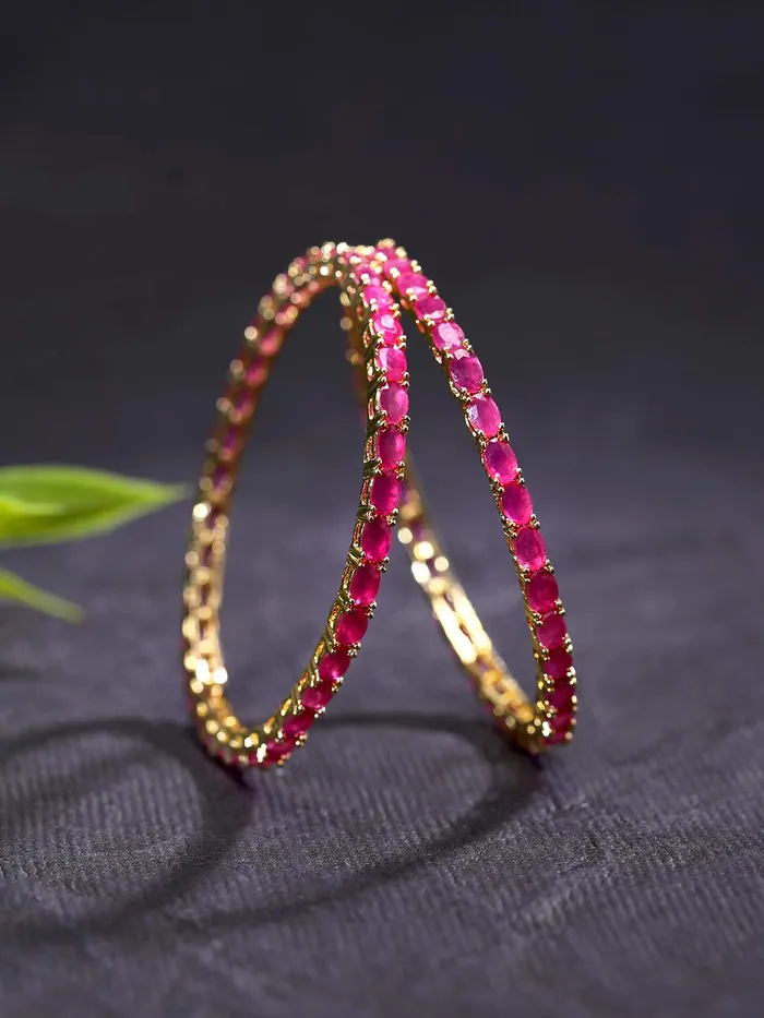 Yellow Chimes Rings Yellow Chimes Classic Pink ADAmerican Diamond Studded 18k Gold Plated Designer Oval 2 PCs Handcrafted Bangles Set for Women Girls 24