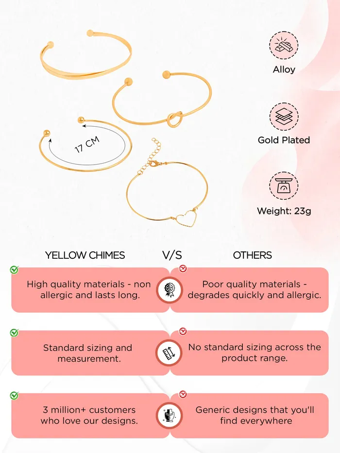 Yellow Chimes Rings Yellow Chimes Combo Bracelet for Woman Fashion Golden 4 Pcs Hand Bracelets Set for Women Hand Accessories for Women Chain Bracelet for Girls Birthday Gift for Women Anniversary Gift for Wife