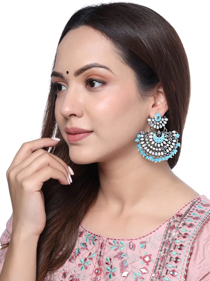 Yellow Chimes Rings Yellow Chimes Earrings For Women Long Chandbali Blue Pearl and Stone Studded Elegant Earrings For Women and Girls