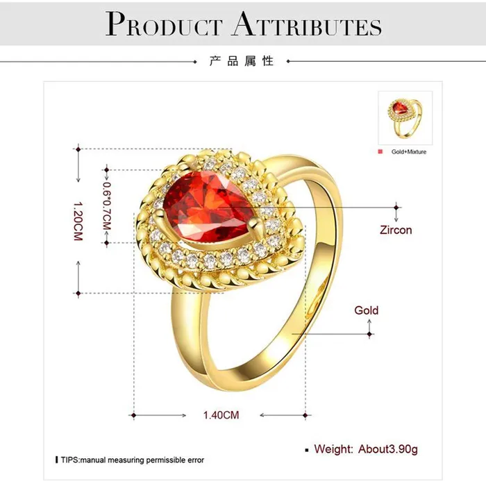 Yellow Chimes Rings Yellow Chimes Fashion Collection Red Drop Crystal Alloy Zircon GoldPlated Plated Ring for Women Girls