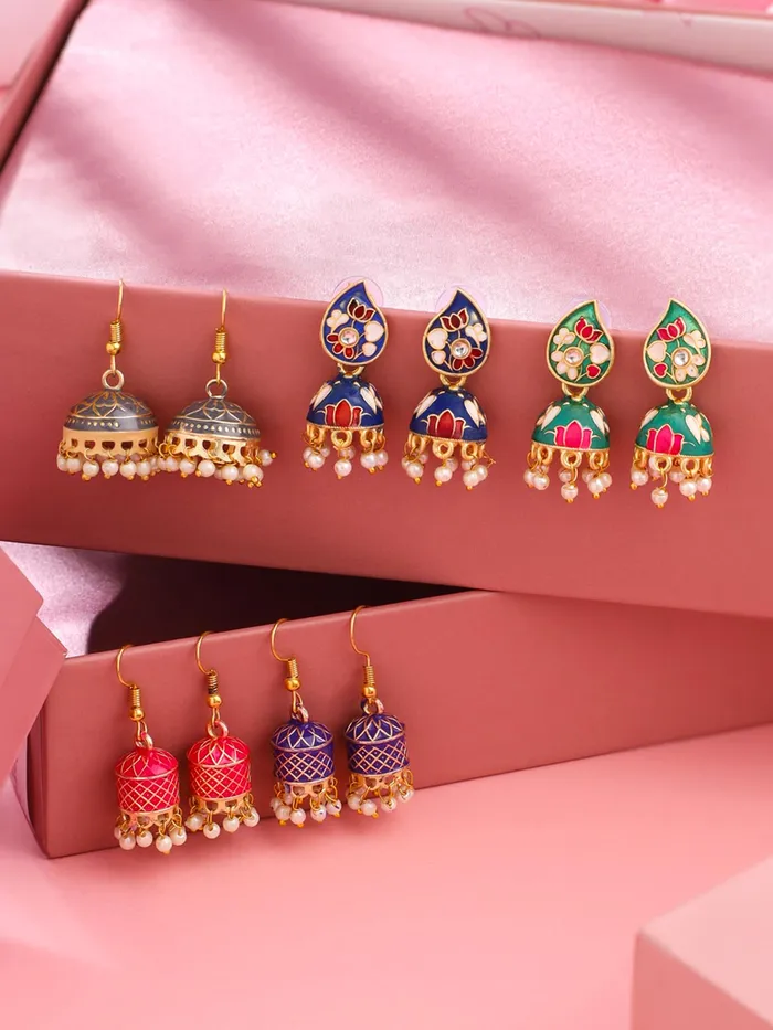 Yellow Chimes Rings Yellow Chimes Meenakari Jhumka Earrings for Women Traditional Jhumki Earrings Set for Girls Combo of 5 Pairs Jhumkas Ethnic Gold Plated Women Earrings Chic Reverie Birthday Gift For Girls