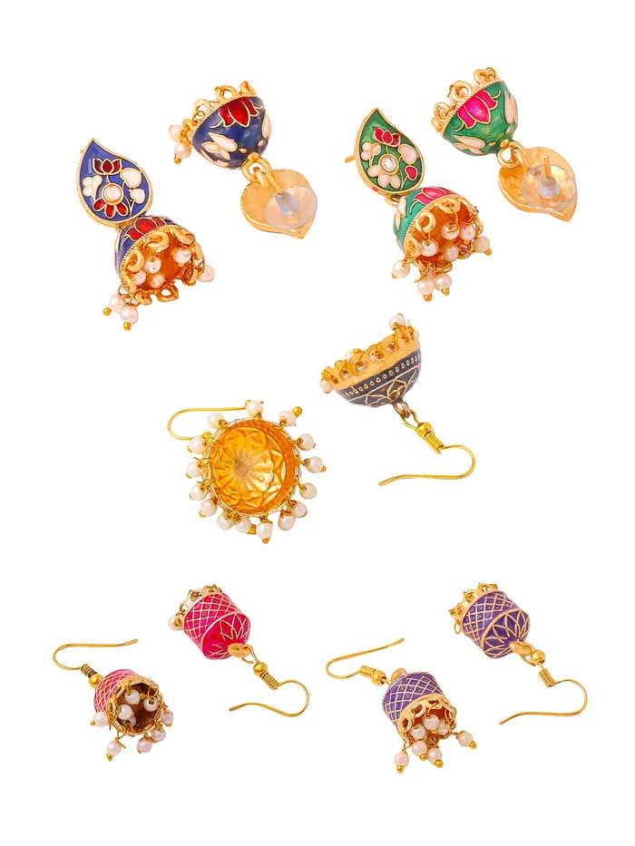 Yellow Chimes Rings Yellow Chimes Meenakari Jhumka Earrings for Women Traditional Jhumki Earrings Set for Girls Combo of 5 Pairs Jhumkas Ethnic Gold Plated Women Earrings Chic Reverie Birthday Gift For Girls