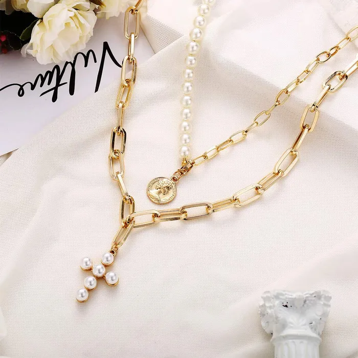Yellow Chimes Rings Yellow Chimes Pearl Cross Fashion Multilayer Gold Toned Chain Choker Necklace Combo for Women and Girls