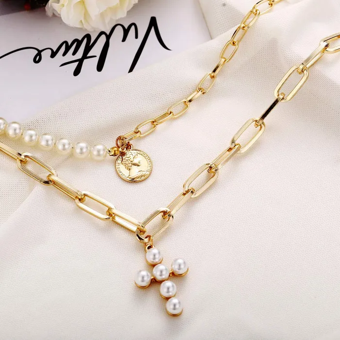 Yellow Chimes Rings Yellow Chimes Pearl Cross Fashion Multilayer Gold Toned Chain Choker Necklace Combo for Women and Girls