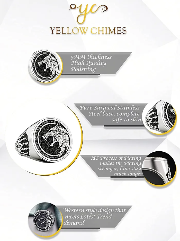 Yellow Chimes Rings Yellow Chimes Rings for Men Stainless Steel Men Ring Viking Ring Wizard Warrior Hunter Wolf Head Silver Ring for Men and Boys Size 10
