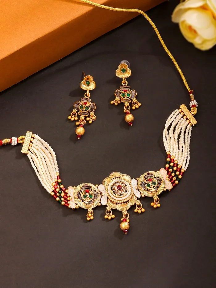 Yellow Chimes Traditional Gold Plated Choker Necklace Set Elegant Pearl Design Gift for Women One Size Gold Yellow Chimes Earrings