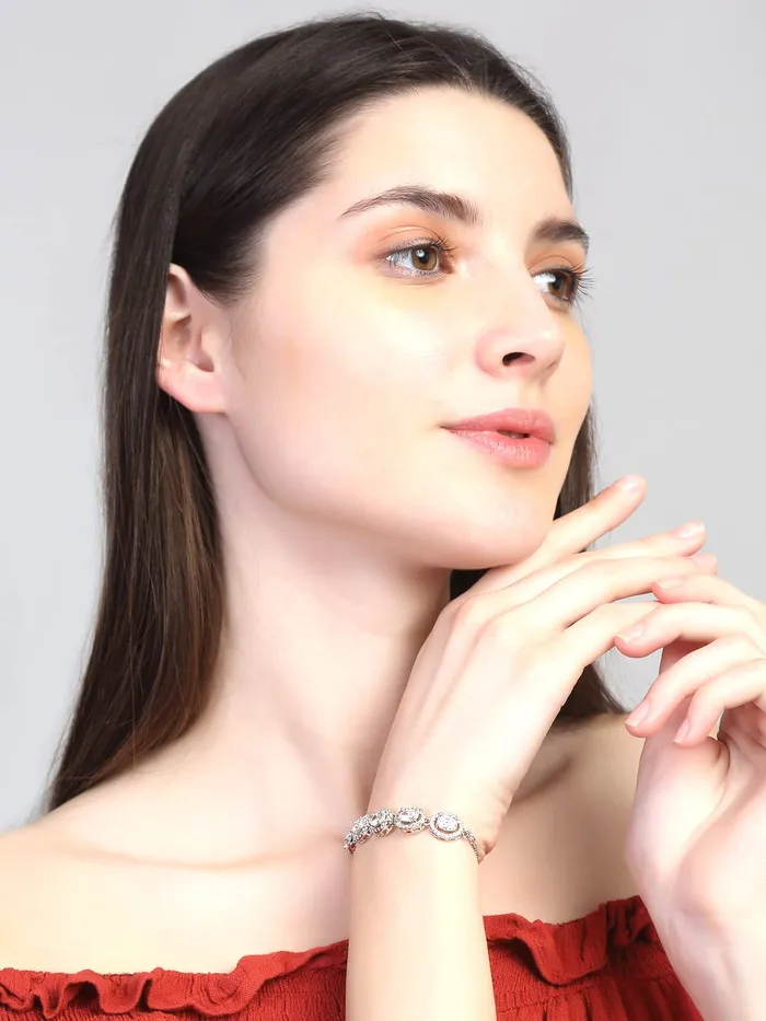 Yellow Chimes Women Crystal Bracelets Circular Shaped Silver Toned Bracelets White CZ Crystals Bracelet For Woman Birthday Gift for Girls Women Anniversary Gift for Wife Yellow Chimes Bracelets