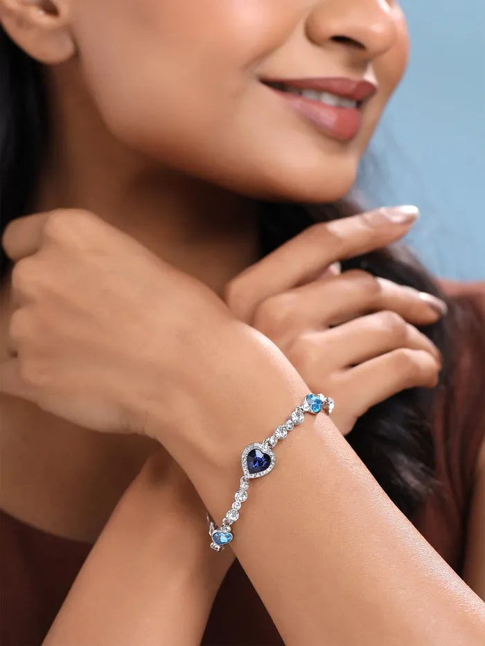 Yellow Chimes Women Crystal Bracelets Heart Shaped Silver toned Bracelets Blue CZ Crystals Bracelet For Woman Birthday Gift for Girls Women Anniversary Gift for Wife Yellow Chimes Rings