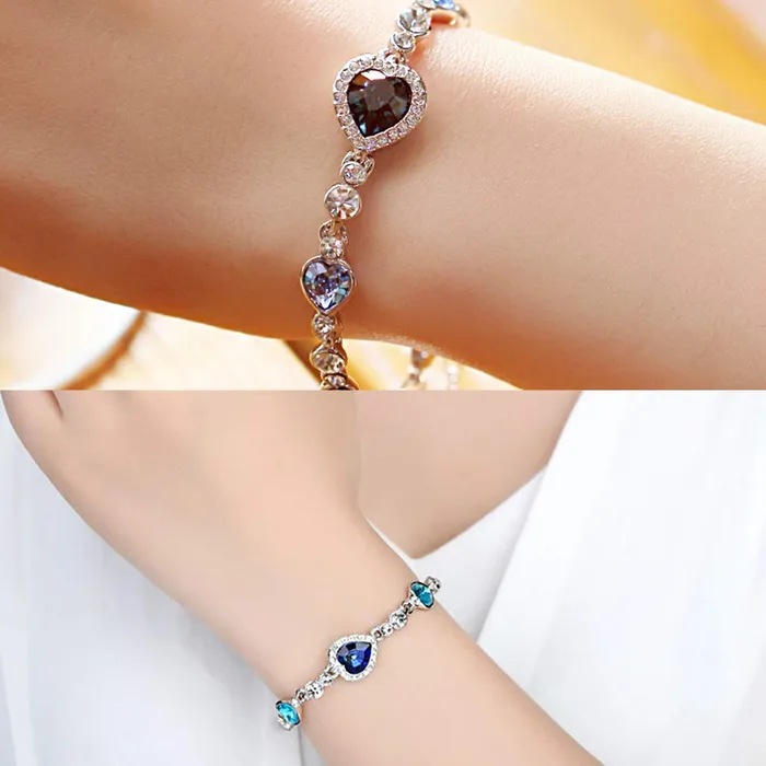 Yellow Chimes Women Crystal Bracelets Heart Shaped Silver toned Bracelets Blue CZ Crystals Bracelet For Woman Birthday Gift for Girls Women Anniversary Gift for Wife Yellow Chimes Rings