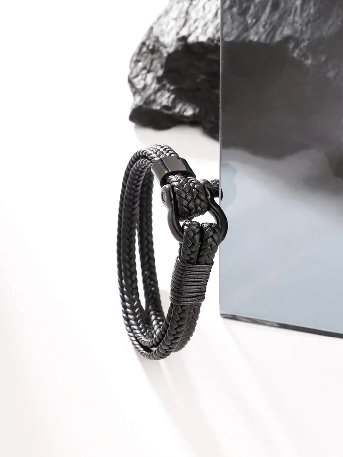 Yellow Chimes Yellow Chimes Bracelets for Men and Boys Black Leather Bracelet for Men Stainless Steel Genuine Leather Wrap Bracelets for Men Birthday Gift for Men and Boys Anniversary Gift for Husband Rings